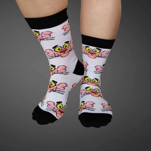 Medias largas premium pantera rosada, blancas con negro