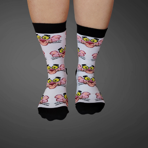 Medias largas premium pantera rosada, blancas con negro
