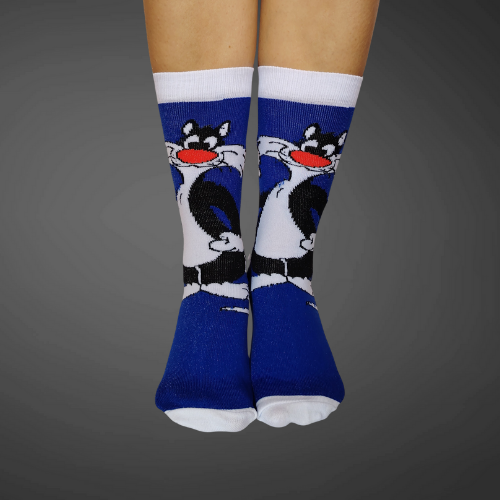 Medias largas premium gatico, azules con blanco y negro