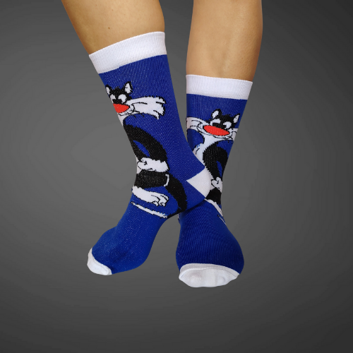 Medias largas premium gatico, azules con blanco y negro