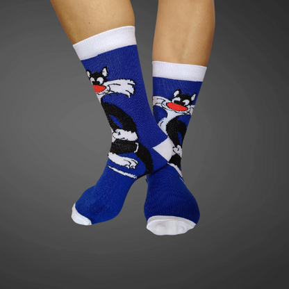 Medias largas premium gatico, azules con blanco y negro