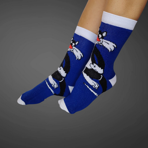 Medias largas premium gatico, azules con blanco y negro