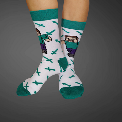 Medias largas premium Minecraft, blancas con verde