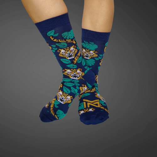 Medias largas premium tigres, fondo azul con naranja
